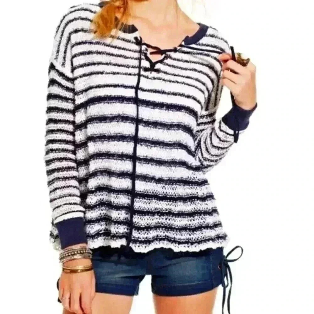 Free People Judy  Punk Loose Knit Oversized Striped Boho Sweater Navy Women's XS